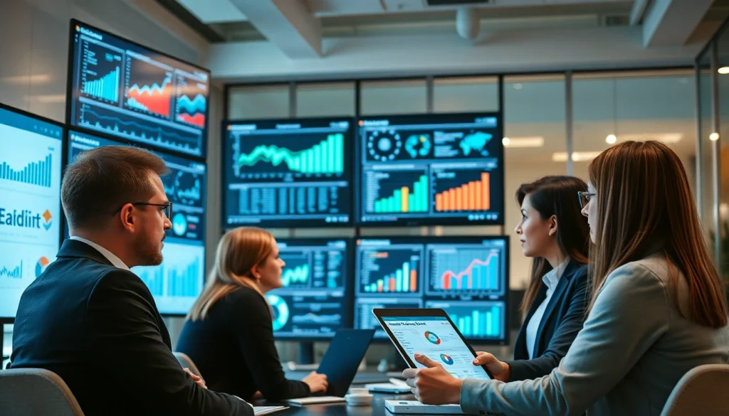 Analyze competitive intelligence data in a modern office environment with a focused business team.