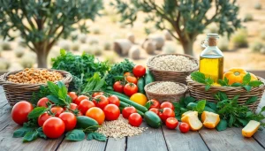 Showcase Mediterranean diet ingredients, including fresh vegetables and olive oil, as part of a healthy meal.