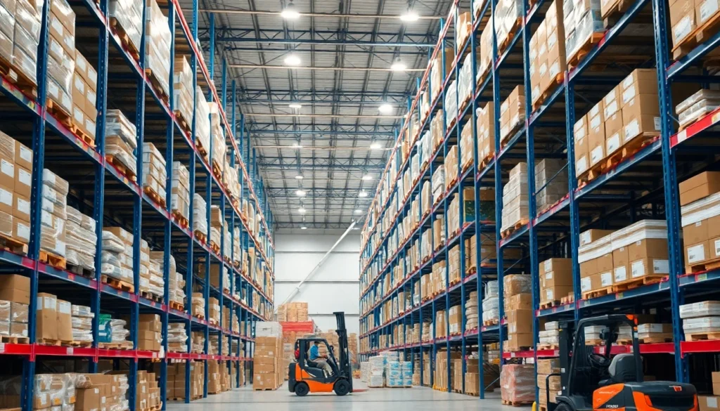 Warehouse filled with organized goods showcasing efficiency in a modern logistics setting.