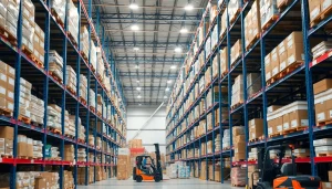 Warehouse filled with organized goods showcasing efficiency in a modern logistics setting.