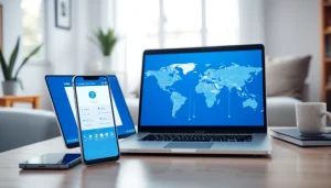Utilize a VPN service on a laptop and smartphone in a secure digital workspace.