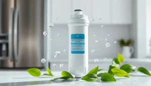 Waterdrop WD-F08 Replacement for 4396841 water filter surrounded by water droplets in a clean kitchen.