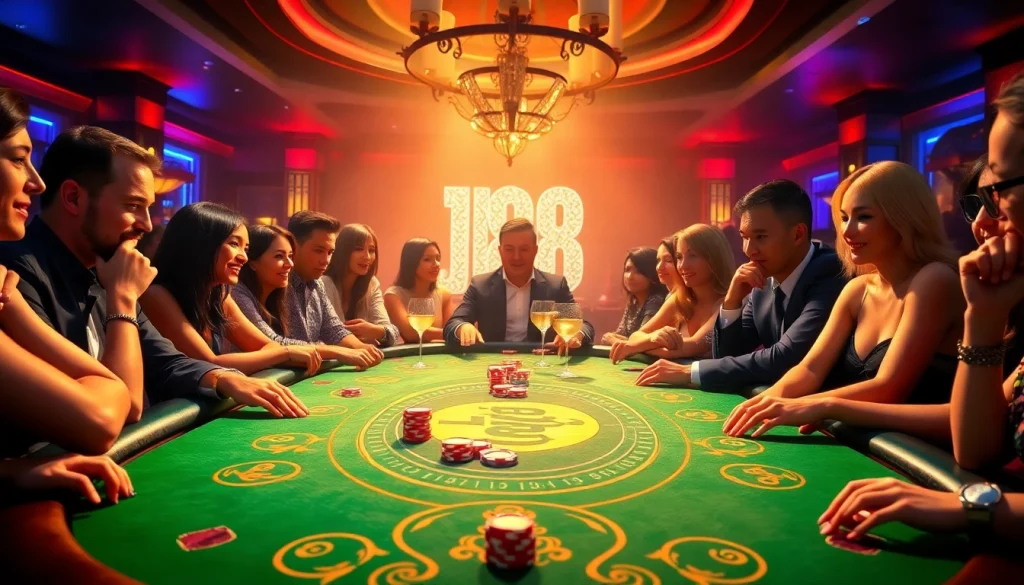 Players engaging at a J88 poker table, showcasing excitement and luxury in a casino setting.