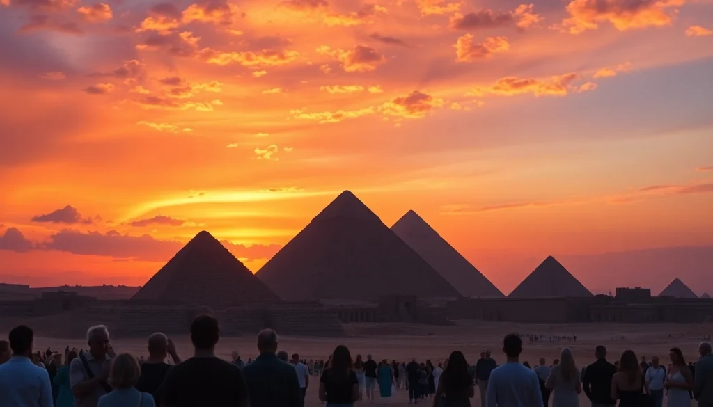 Tourists admiring the iconic piraminds at sunset, surrounded by a vibrant sky.