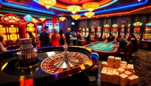 Experience a thrilling casino dynamism with link mahjong tiles amidst lively players at roulette and poker tables.