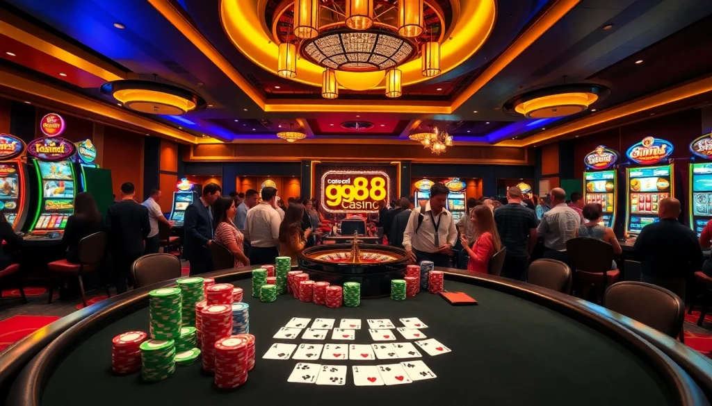 poker players enjoying high-stakes games at gg88 casino with vibrant slot machines