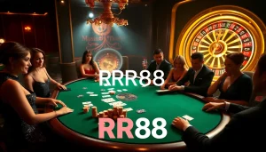 Exciting high-stakes poker game at RR88 casino with glamorous players and vibrant atmosphere.