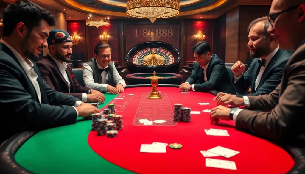 Intense poker game at U 888 with players focusing on their strategies and colorful chips.