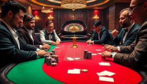 Intense poker game at U 888 with players focusing on their strategies and colorful chips.