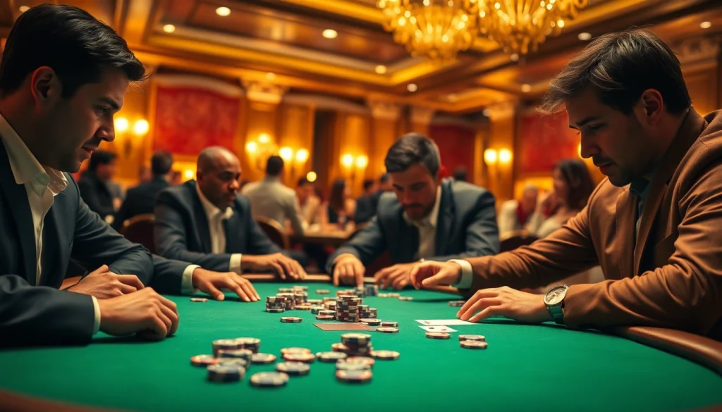 Pinco Casino poker game engaging players in a luxurious setting with vibrant ambiance.