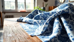 Delftsblauwe stoffen collectie met elegante stoffen op een rustieke houten tafel.