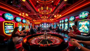 Engaging players enjoying free porn games at a vibrant casino with illuminated slot machines.