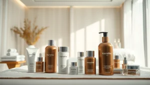 Kosmetika produktų kolekcija elegantiškoje aplinkoje, skatinanti grožio ir atsipalaidavimo jausmą.