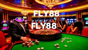 Exciting gaming experience at FLY88 Đăng kí with vibrant casino tables and eager players.