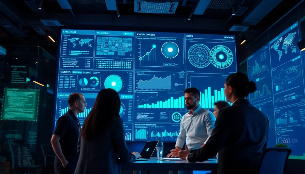 Cybersecurity ai team analyzing advanced analytics in a modern office setting.