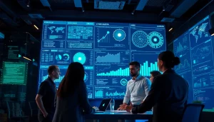 Cybersecurity ai team analyzing advanced analytics in a modern office setting.