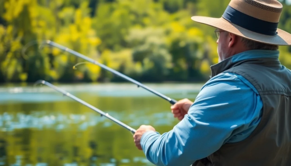 Angler fly fishing for bass in a tranquil lake surrounded by nature.