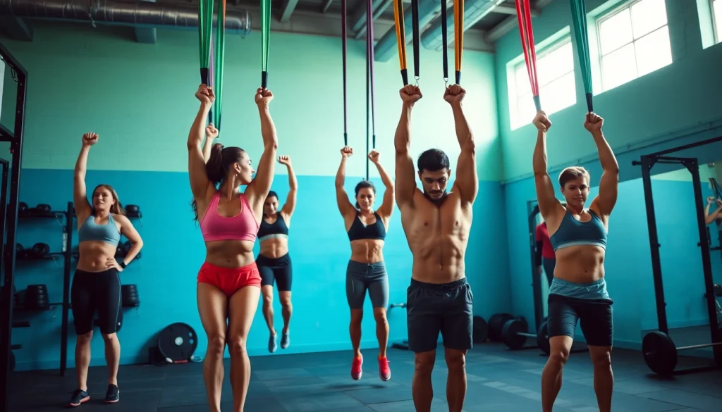 Pull-up resistance bands in use by diverse athletes in a vibrant gym setting.