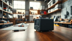 Showcasing das 140 device in an innovative workshop with tools and blueprints.