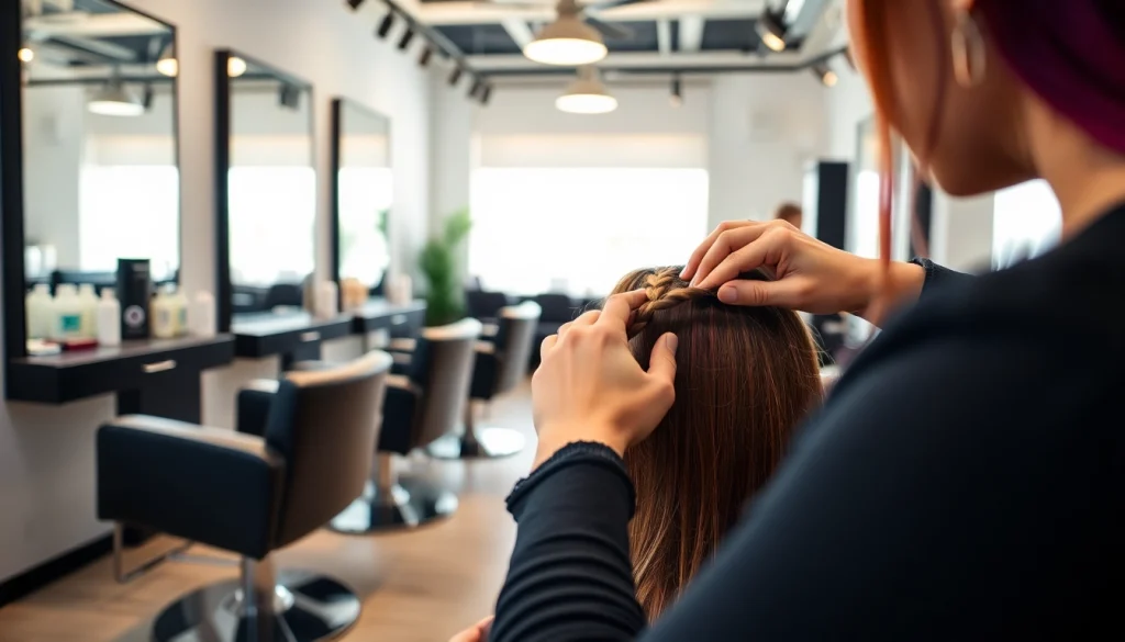 Professional hairstylist at a salon coafura styling a client's hair with precision.