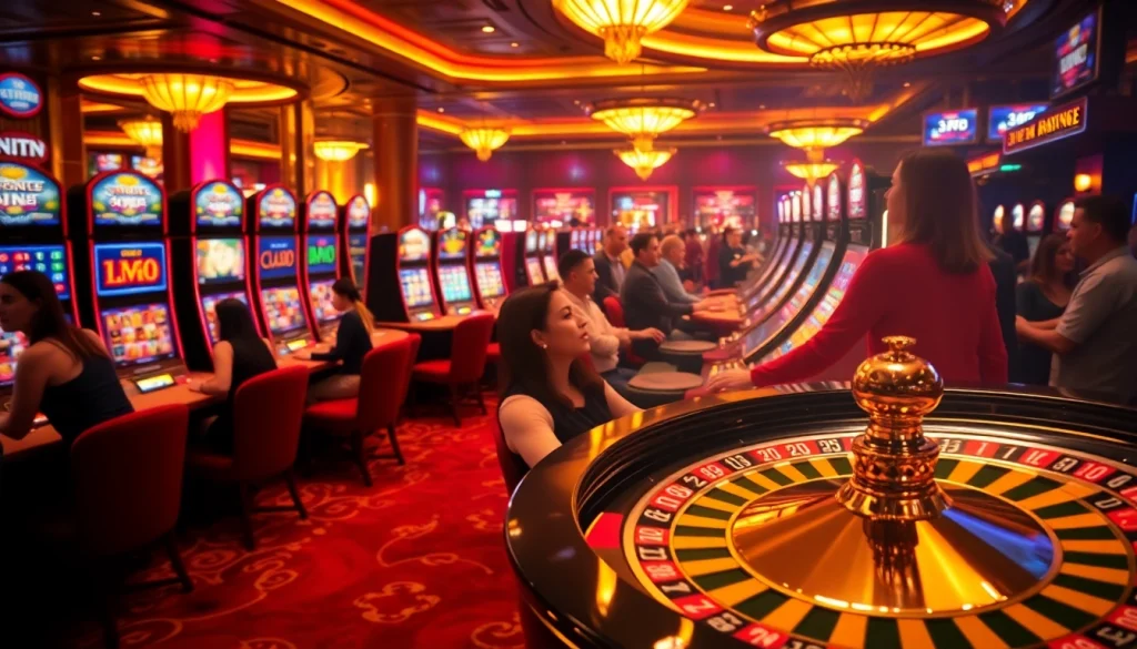 Excited players engaging with idn slot machines in a luxurious casino setting.