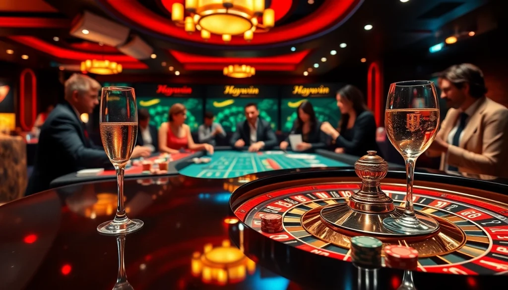 Experience luxury gambling with Haywin chính thức at a vibrant casino table featuring roulette and excited players.