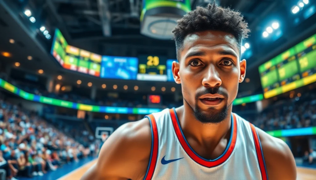 Track ผลบาสสด with a dynamic scene of a basketball player showcasing live stats on the court.