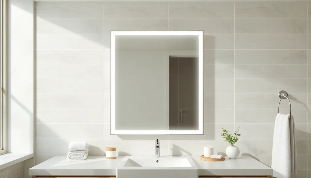 Enhance your space with a stylish mirror with Lights featured in a contemporary bathroom setting.