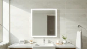 Enhance your space with a stylish mirror with Lights featured in a contemporary bathroom setting.