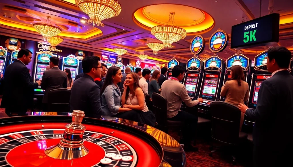 Players enjoying the thrilling experience of situs deposit 5k at a lively casino slot machine area.