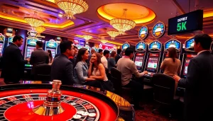 Players enjoying the thrilling experience of situs deposit 5k at a lively casino slot machine area.