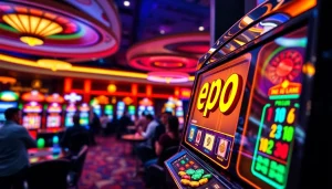 Permainan slot depo pulsa yang menarik dengan chip poker berwarna-warni dan lampu neon di dalam suasana kasino mewah.