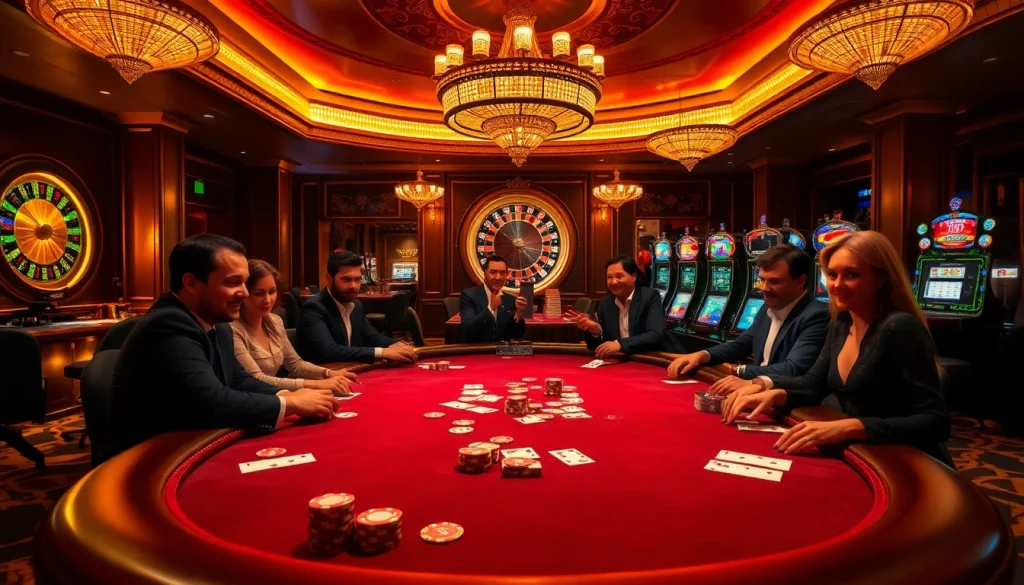 Engaged players at the b52 club poker table in a luxurious casino atmosphere.