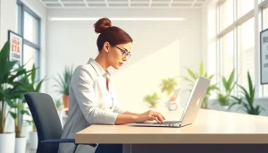 Applying for eta application uk in a modern office with natural lighting.