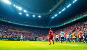 مشهد مثير من مباراة كرة قدم مباشرة يضم جمهوراً متحمساً ولاعبين لبث koora tv.