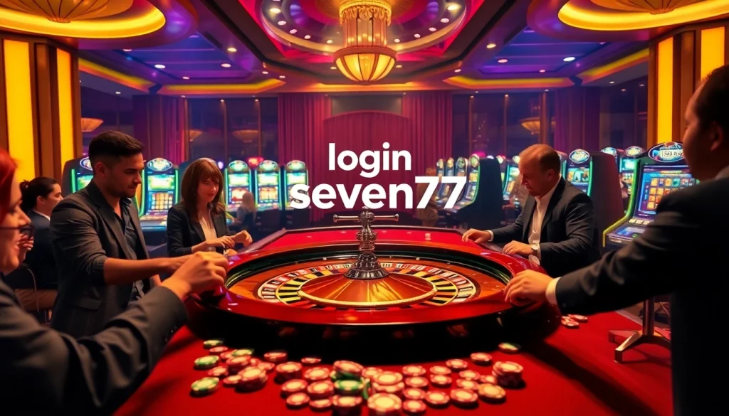 Engaging scene at a casino featuring a roulette table and vibrant 'login seven77' gaming interface.