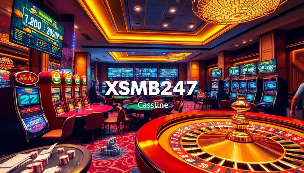 XSMB247 players betting on slots and poker in a luxurious casino ambiance.