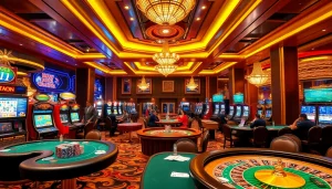 Exciting gaming scene showcasing link alternatif sbobet with casino tables, chips, and vibrant ambiance.