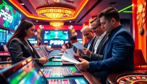 PS99 thể thao - Gambling enthusiasts placing bets at a vibrant casino booth.