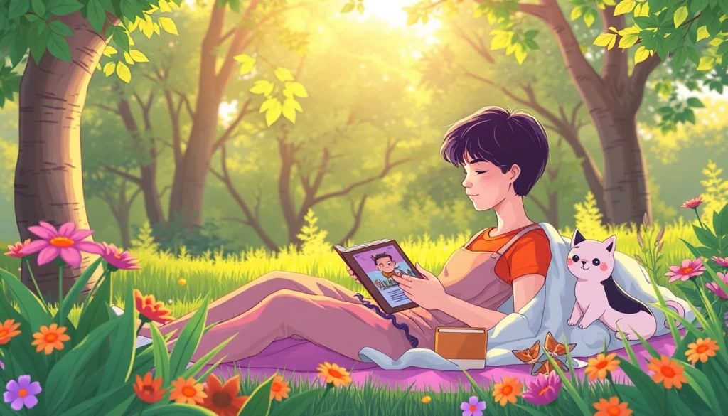 무료웹툰을 즐기는 독자와 아늑한 야외 독서 공간의 모습