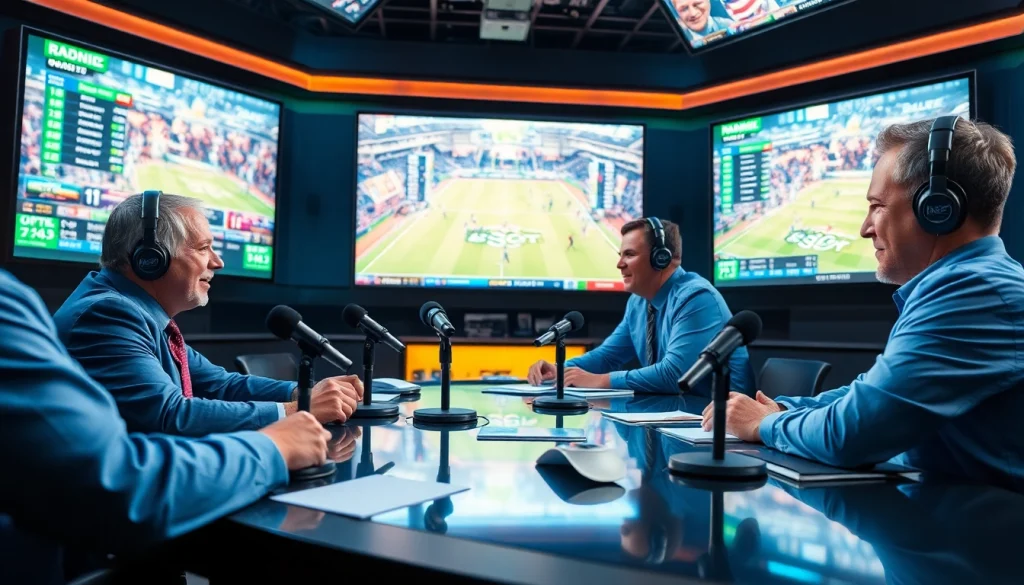 Engaging hosts in sports broadcasting studio, showcasing live games and statistics.