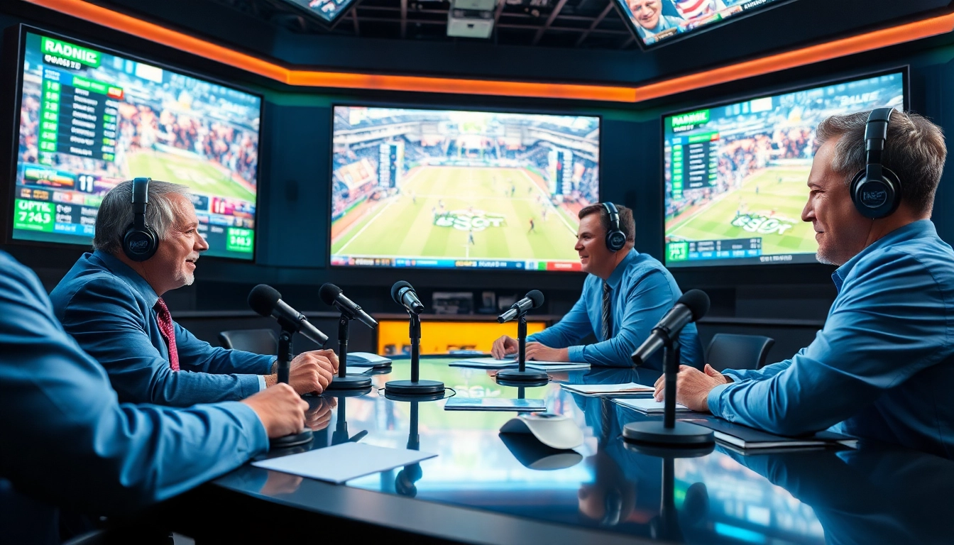Engaging hosts in sports broadcasting studio, showcasing live games and statistics.
