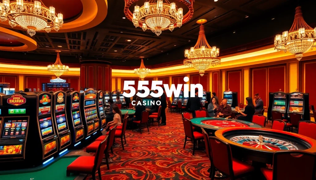 Experience the excitement of 555win with vibrant casino gameplay featuring poker tables and slot machines.