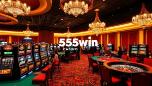 Experience the excitement of 555win with vibrant casino gameplay featuring poker tables and slot machines.