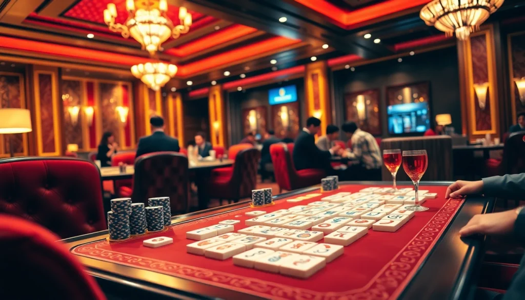 Mengajak pemain bermain Link Mahjong di kasino mewah, menampilkan ubin-ubin elegan dan suasana yang hidup.