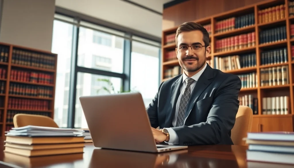 Miami-Dade County litigation Lawyer confidently working in a modern office setting.