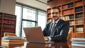 Miami-Dade County litigation Lawyer confidently working in a modern office setting.