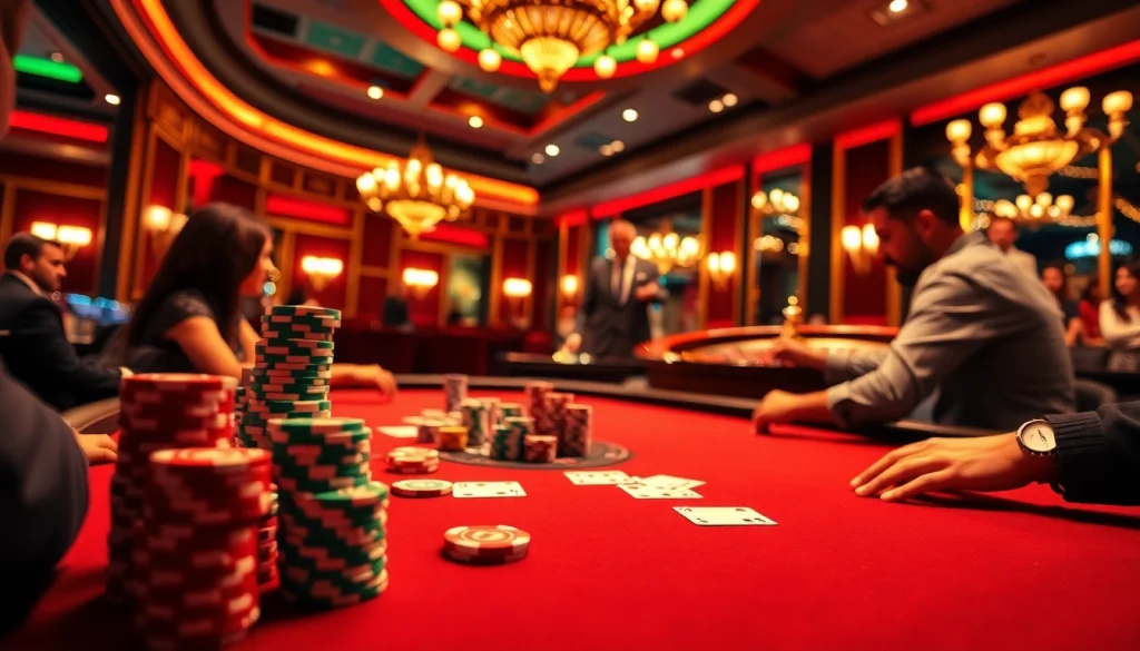 Para pemain memamerkan keahlian mereka di meja poker bertema Datukwin dalam suasana kasino mewah.