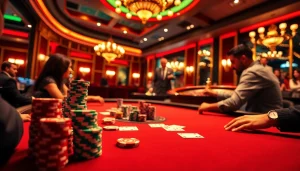 Para pemain memamerkan keahlian mereka di meja poker bertema Datukwin dalam suasana kasino mewah.