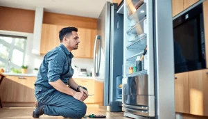 Technician performing refrigerator repair ottawa in a stylish kitchen environment.